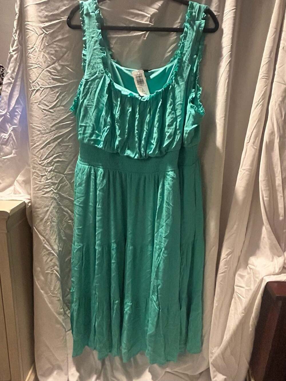 Torrid Smocked Waist Tiered Midi Dress Size 3X Aqua Green Crinkle Gauze